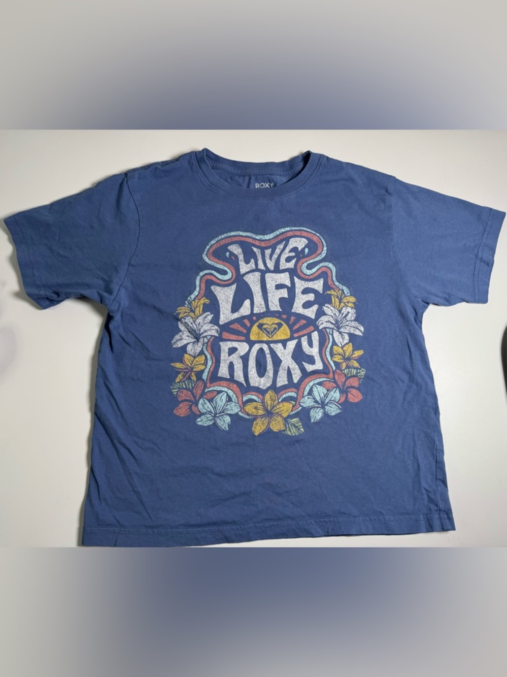 Roxy Girls 8/10 Blue Short-Sleeve 'Live Life' Floral Graphic Tee